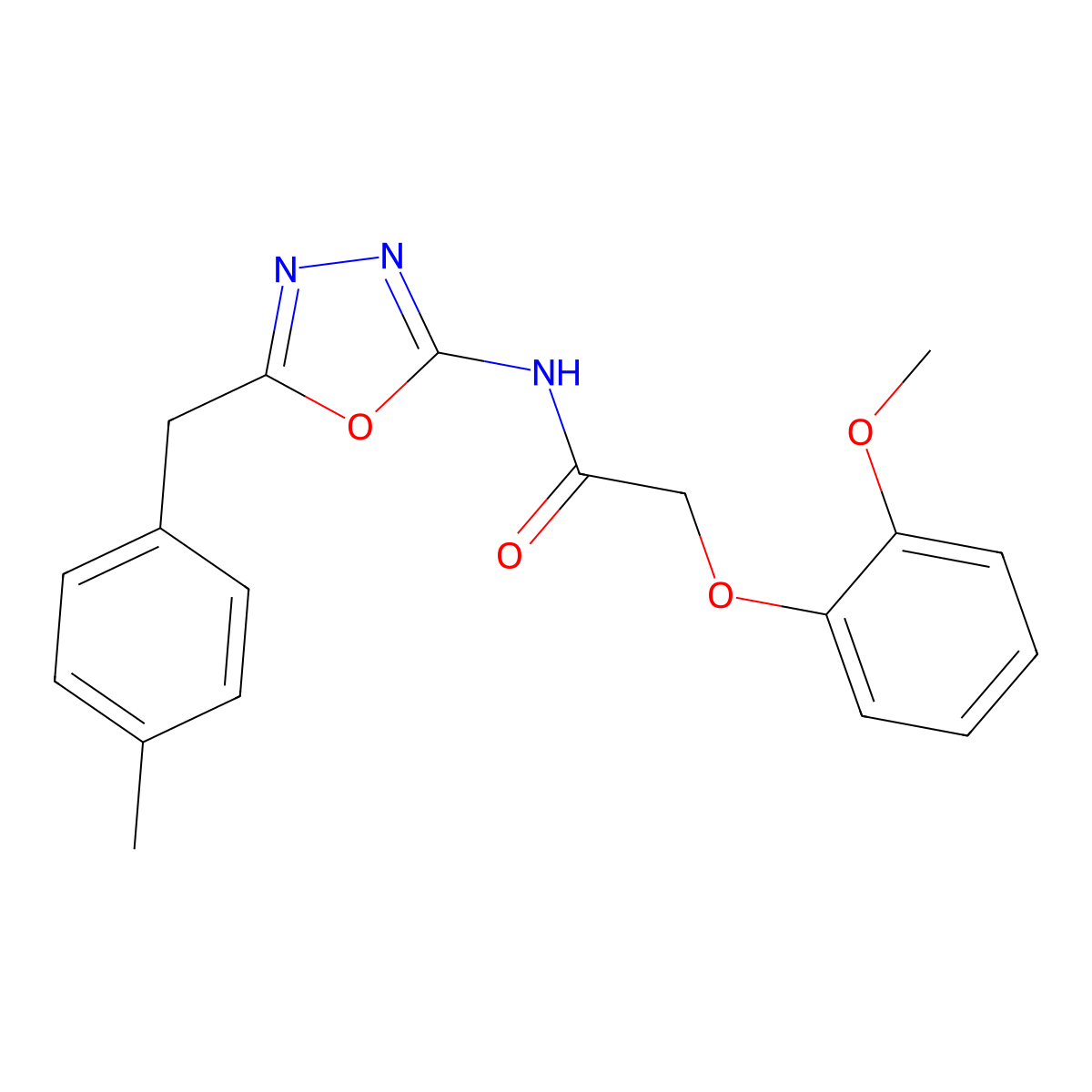 2-(2-methoxyphenoxy)-N-(5-(4-methylbenzyl)-1,3,4-oxadiazol-2-yl)acetamide molecular structure, CAS 1171573-63-9
