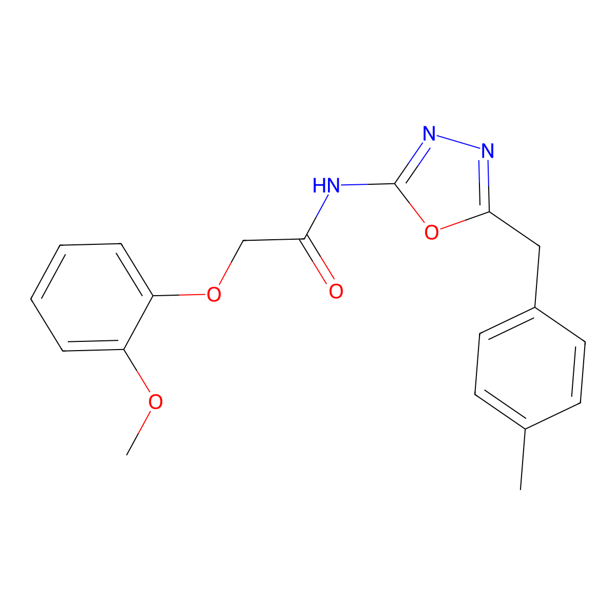 2-(2-methoxyphenoxy)-N-(5-(4-methylbenzyl)-1,3,4-oxadiazol-2-yl)acetamide molecular structure, CAS 1171573-63-9