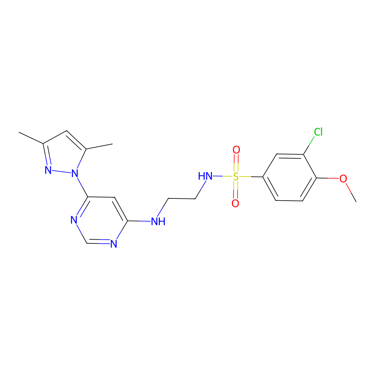 3-chloro-N-(2-((6-(3,5-dimethyl-1H-pyrazol-1-yl)pyrimidin-4-yl)amino)ethyl)-4-methoxybenzenesulfonamide molecular structure, CAS 1171573-86-6