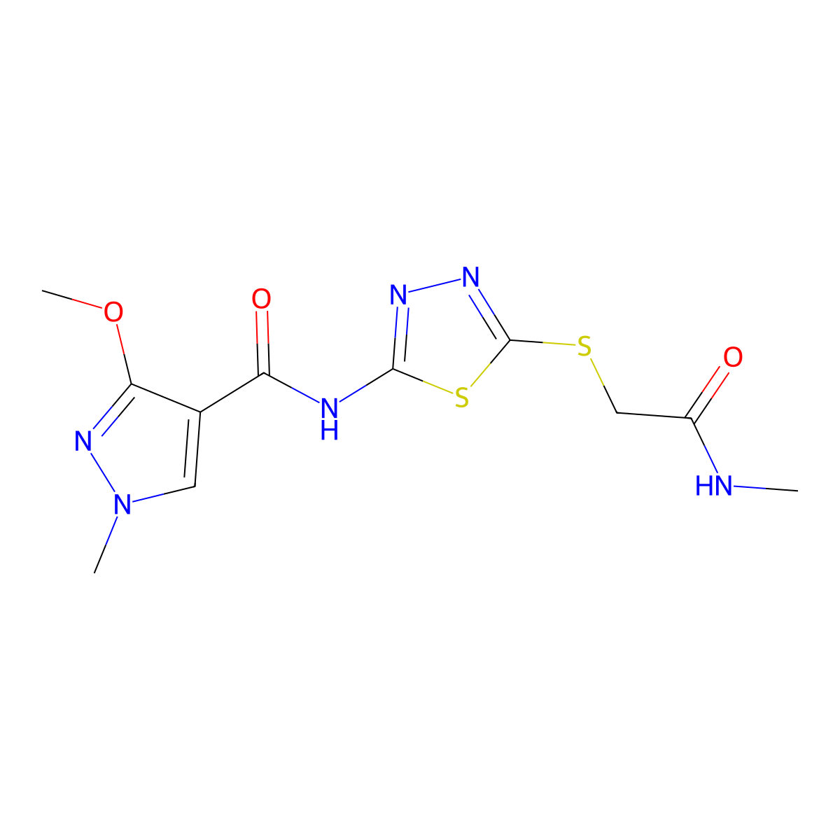 3-methoxy-1-methyl-N-(5-((2-(methylamino)-2-oxoethyl)thio)-1,3,4-thiadiazol-2-yl)-1H-pyrazole-4-carboxamide molecular structure, CAS 1171575-06-6