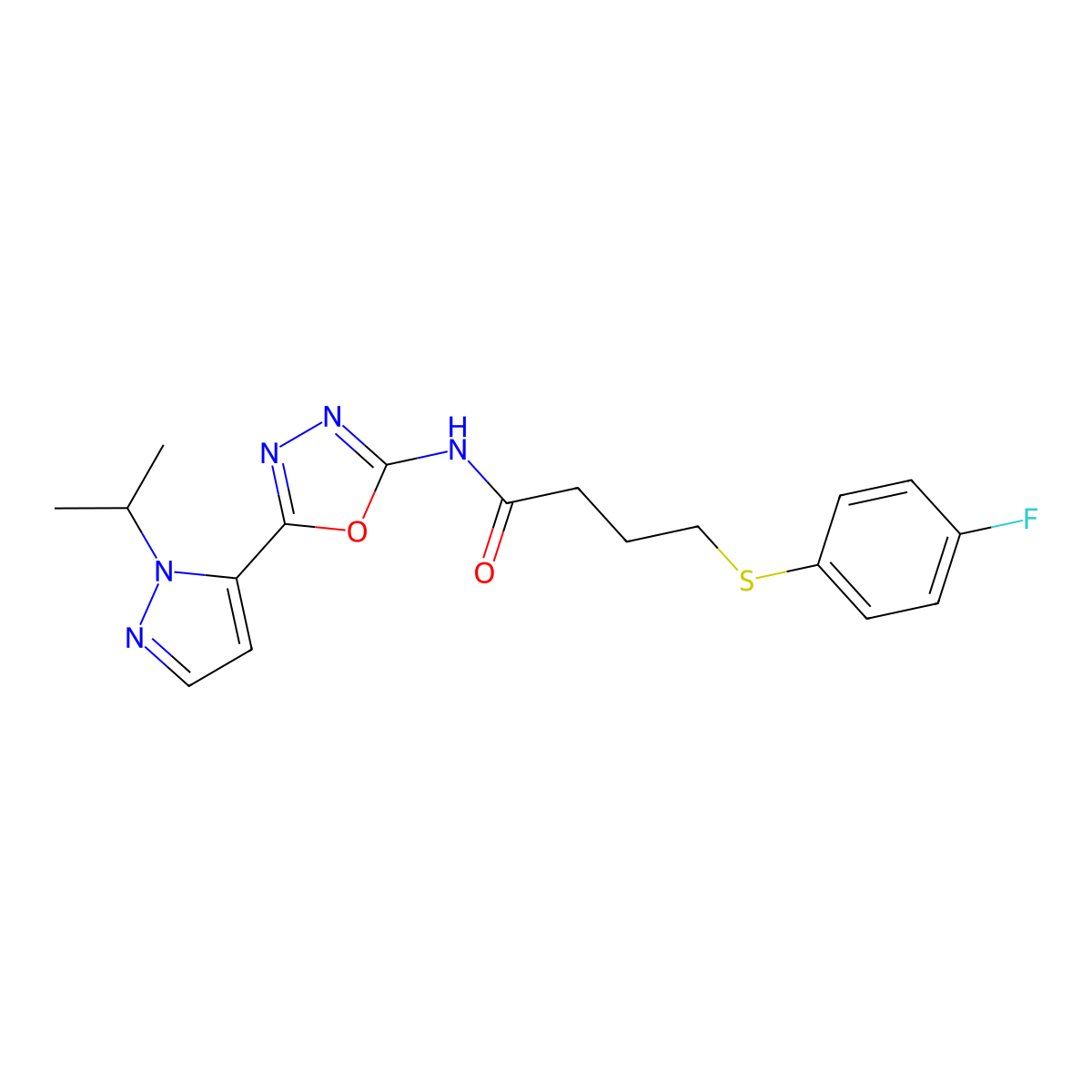 4-((4-fluorophenyl)thio)-N-(5-(1-isopropyl-1H-pyrazol-5-yl)-1,3,4-oxadiazol-2-yl)butanamide molecular structure, CAS 1171579-16-0