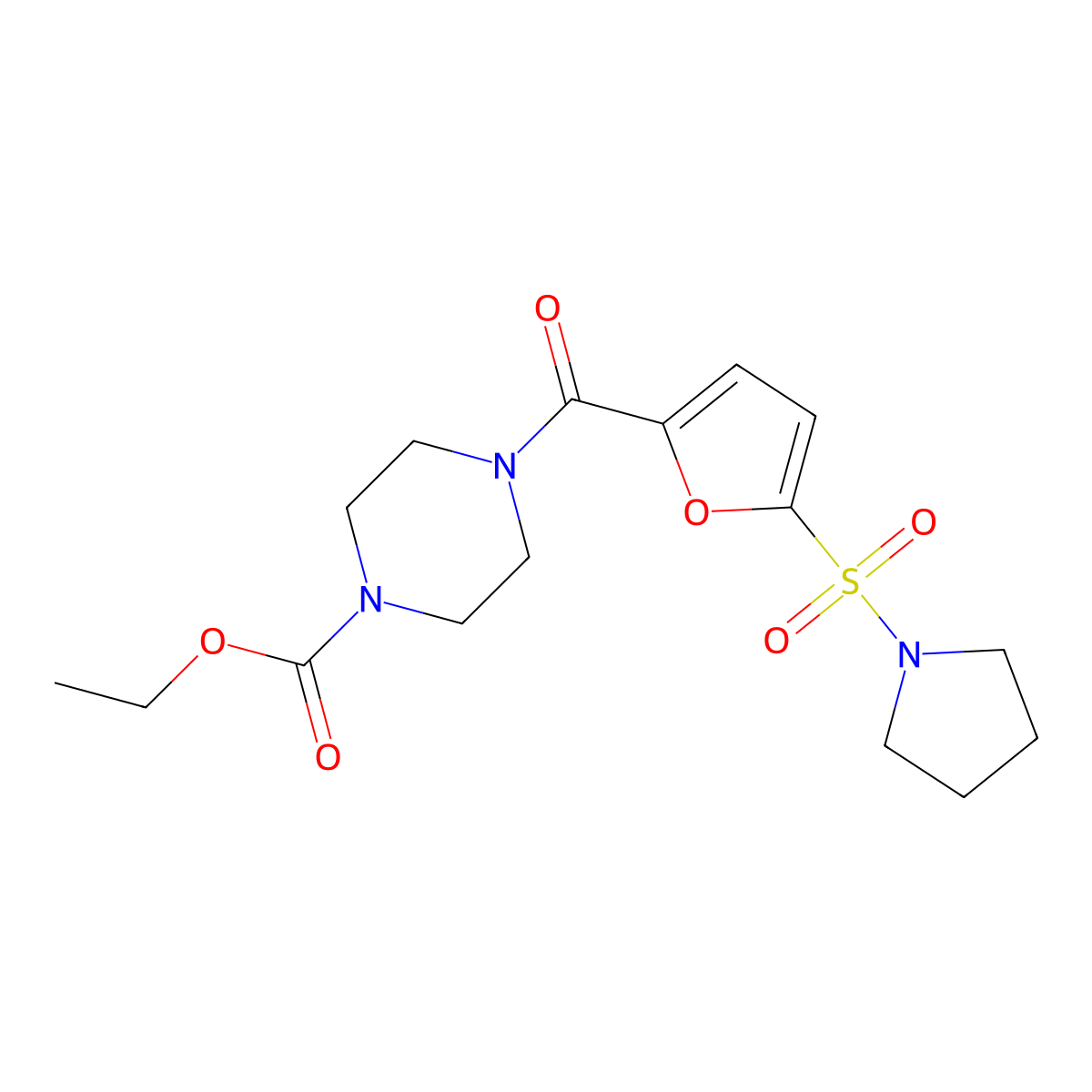 Ethyl 4-(5-(pyrrolidin-1-ylsulfonyl)furan-2-carbonyl)piperazine-1-carboxylate molecular structure, CAS 1171580-52-1