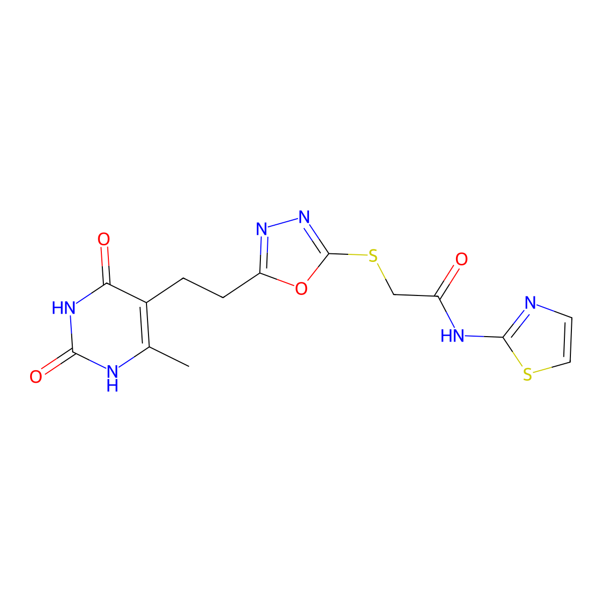 2-((5-(2-(6-methyl-2,4-dioxo-1,2,3,4-tetrahydropyrimidin-5-yl)ethyl)-1,3,4-oxadiazol-2-yl)thio)-N-(thiazol-2-yl)acetamide molecular structure, CAS 1171580-84-9