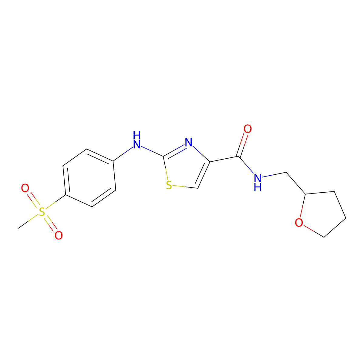 2-((4-(methylsulfonyl)phenyl)amino)-N-((tetrahydrofuran-2-yl)methyl)thiazole-4-carboxamide molecular structure, CAS 1171583-71-3