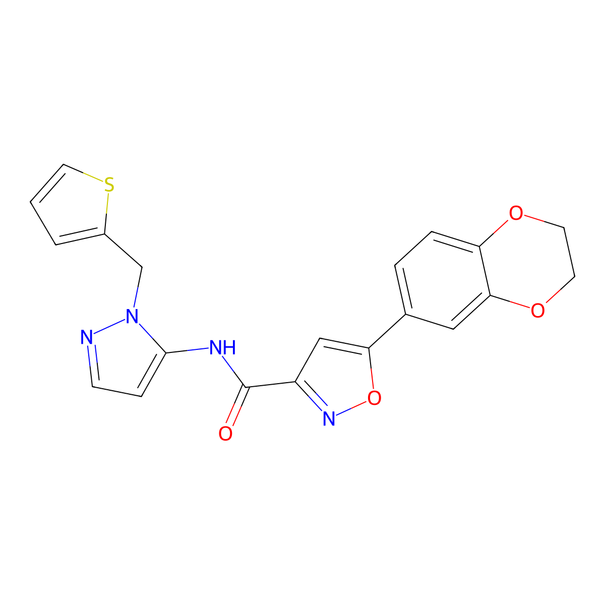 5-(2,3-dihydro-1,4-benzodioxin-6-yl)-N-[1-(thiophen-2-ylmethyl)-1H-pyrazol-5-yl]-1,2-oxazole-3-carboxamide molecular structure, CAS 1171584-16-9