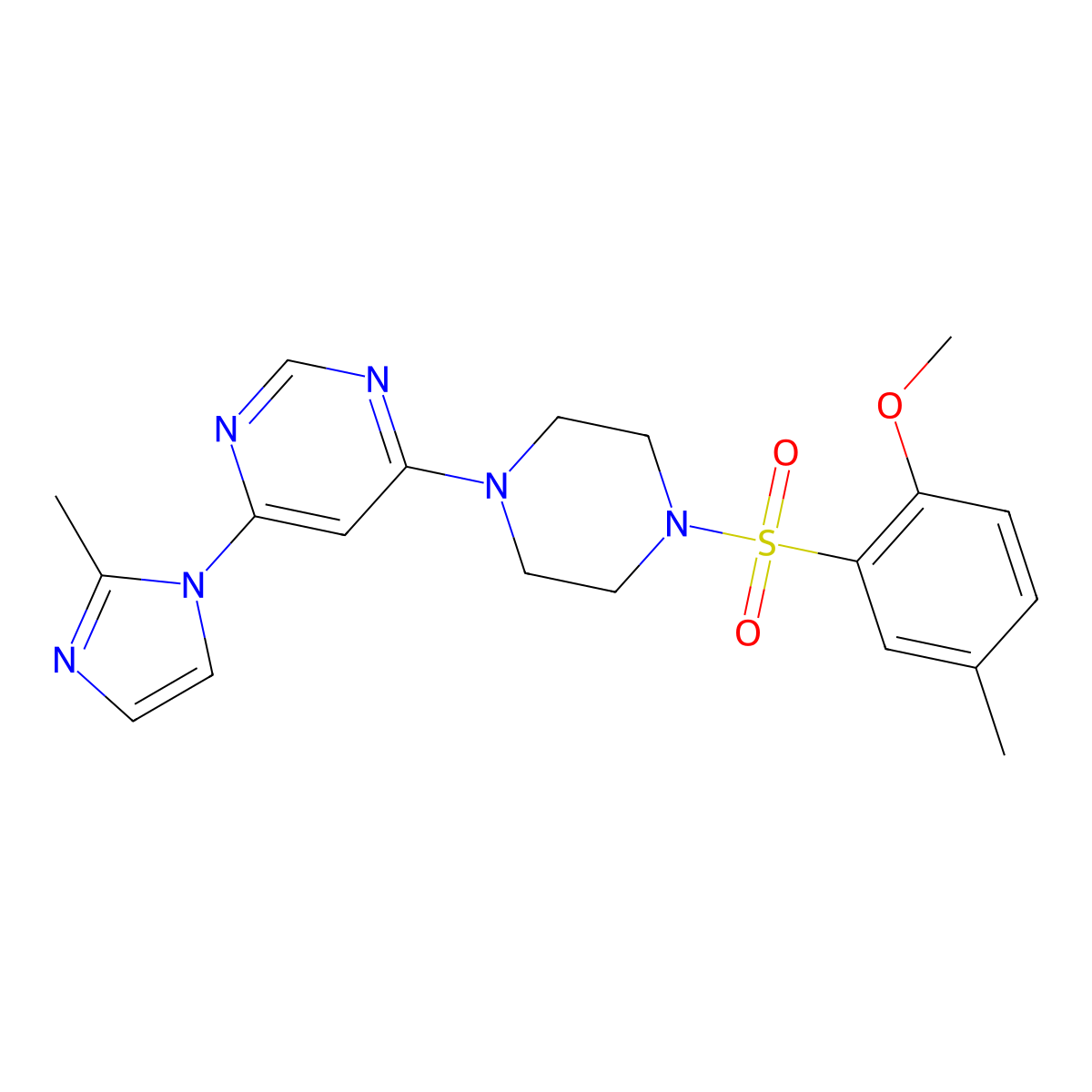 4-(4-((2-methoxy-5-methylphenyl)sulfonyl)piperazin-1-yl)-6-(2-methyl-1H-imidazol-1-yl)pyrimidine molecular structure, CAS 1171591-49-3
