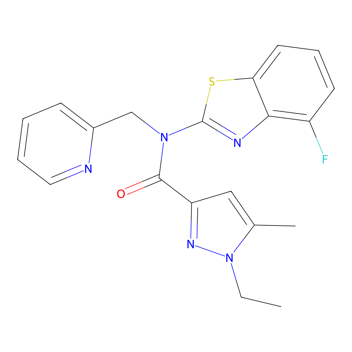 1-ethyl-N-(4-fluoro-1,3-benzothiazol-2-yl)-5-methyl-N-[(pyridin-2-yl)methyl]-1H-pyrazole-3-carboxamide molecular structure, CAS 1171592-05-4