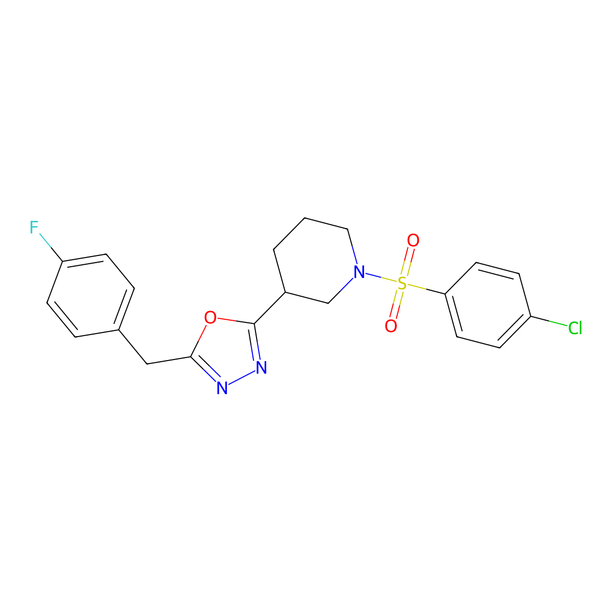 2-(1-((4-Chlorophenyl)sulfonyl)piperidin-3-yl)-5-(4-fluorobenzyl)-1,3,4-oxadiazole molecular structure, CAS 1171593-62-6