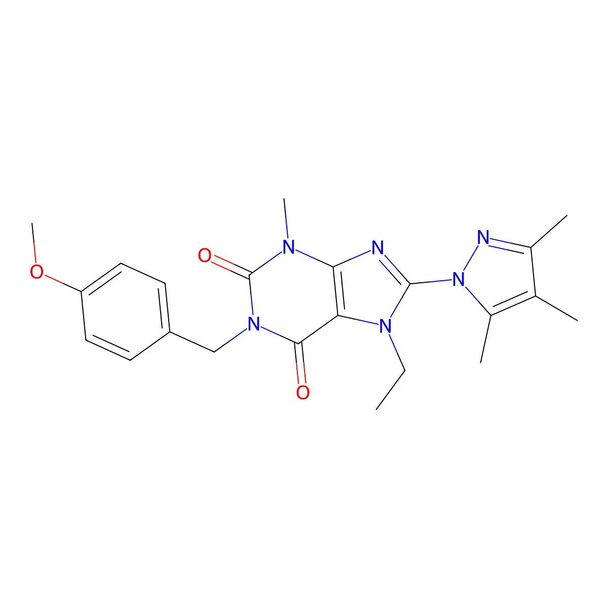 7-ethyl-1-(4-methoxybenzyl)-3-methyl-8-(3,4,5-trimethyl-1H-pyrazol-1-yl)-1H-purine-2,6(3H,7H)-dione molecular structure, CAS 1171593-75-1