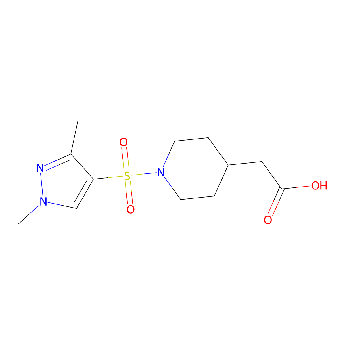 2-(1-((1,3-Dimethyl-1H-pyrazol-4-yl)sulfonyl)piperidin-4-yl)acetic acid molecular structure, CAS 1171599-18-0