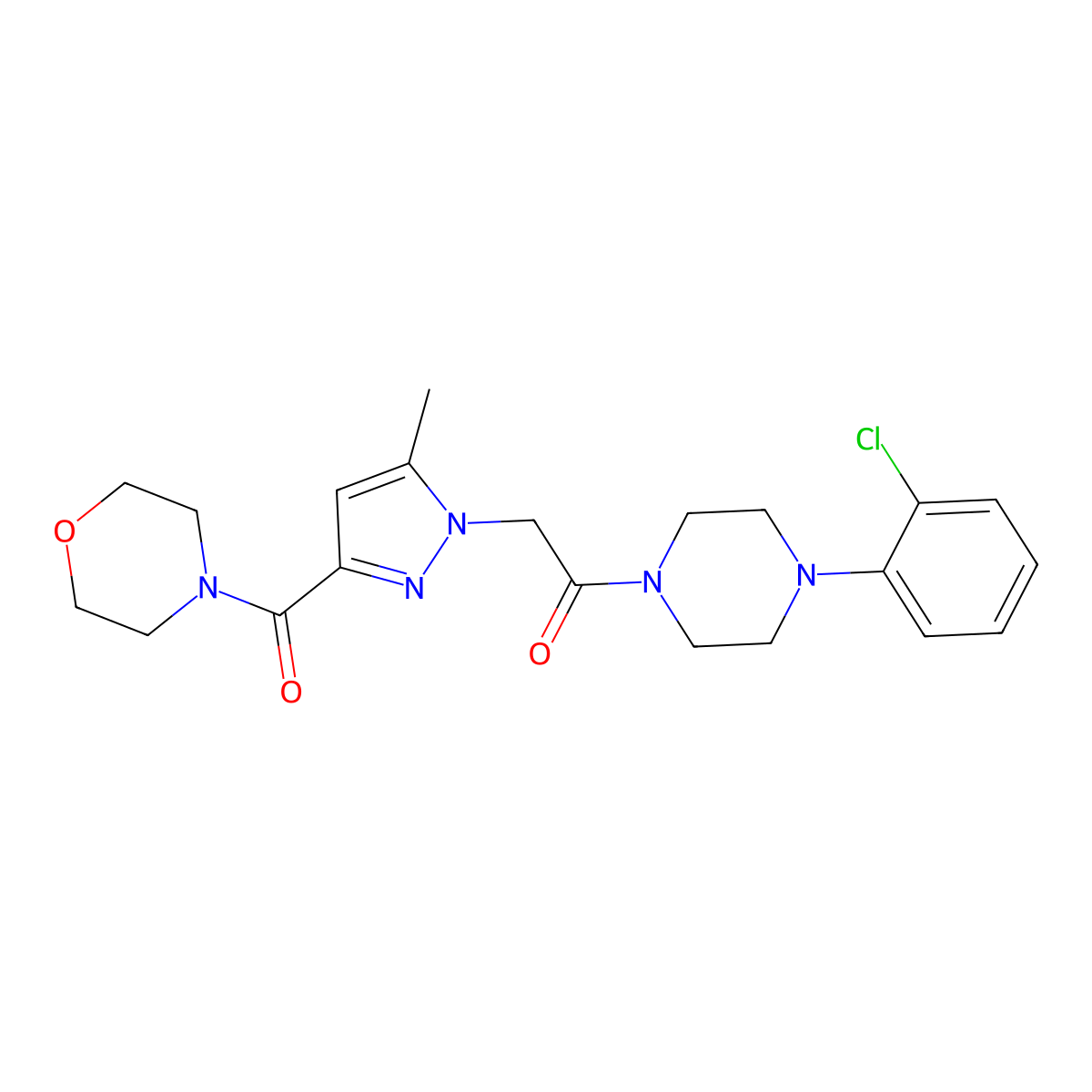 1-(4-(2-chlorophenyl)piperazin-1-yl)-2-(5-methyl-3-(morpholine-4-carbonyl)-1H-pyrazol-1-yl)ethanone molecular structure, CAS 1171602-07-5