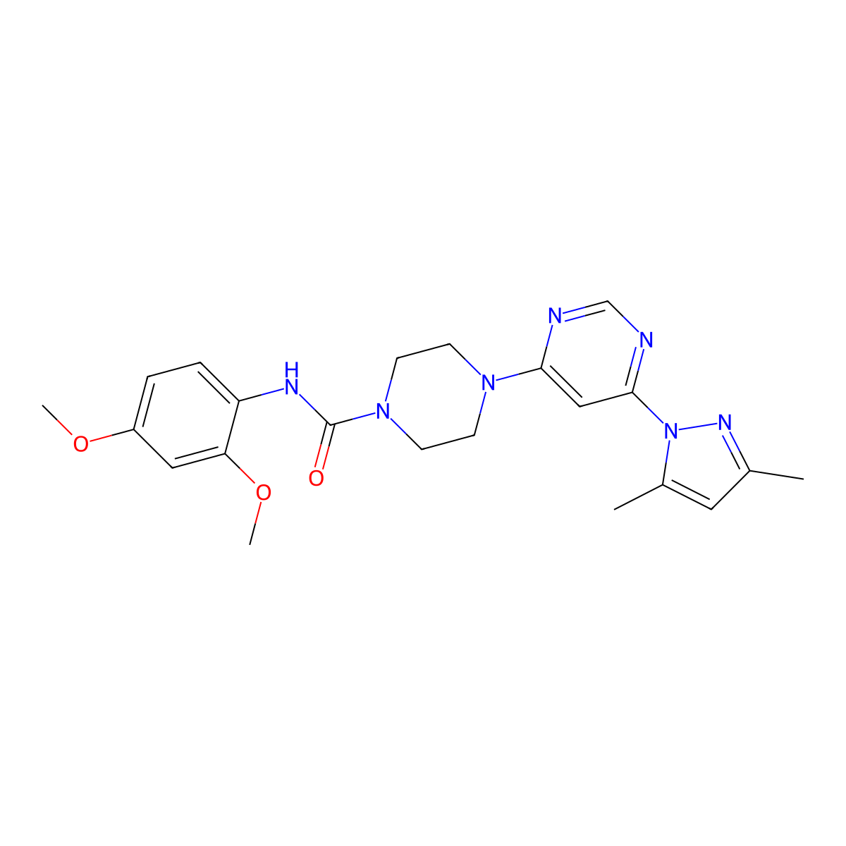 N-(2,4-dimethoxyphenyl)-4-(6-(3,5-dimethyl-1H-pyrazol-1-yl)pyrimidin-4-yl)piperazine-1-carboxamide molecular structure, CAS 1171602-86-0