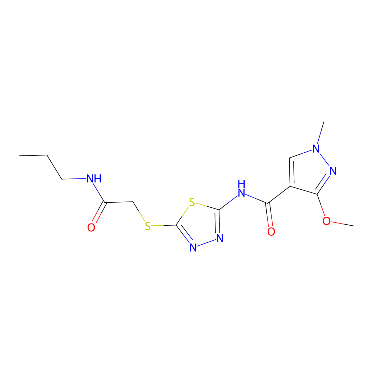 3-methoxy-1-methyl-N-(5-((2-oxo-2-(propylamino)ethyl)thio)-1,3,4-thiadiazol-2-yl)-1H-pyrazole-4-carboxamide molecular structure, CAS 1171603-00-1