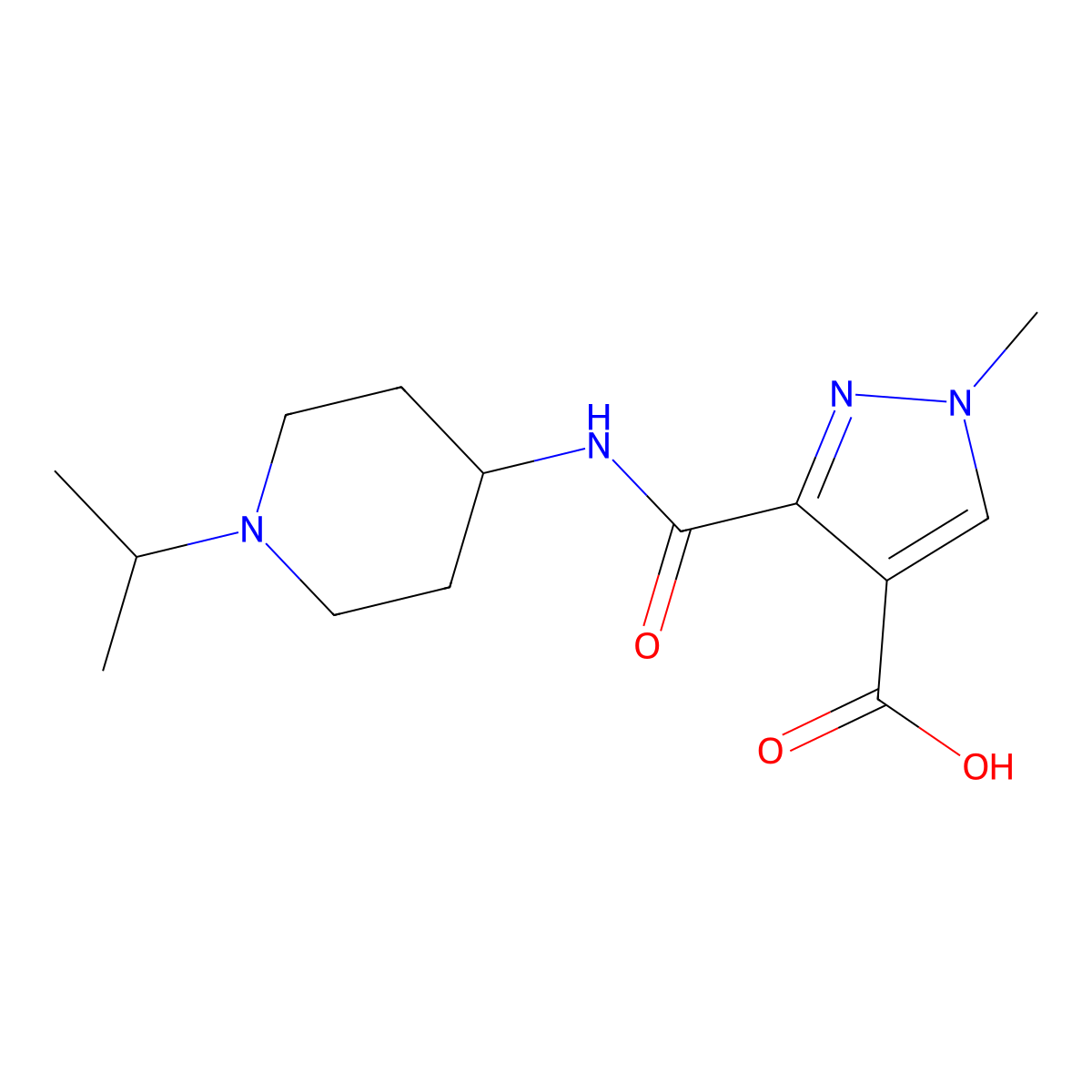 1-methyl-3-{[1-(propan-2-yl)piperidin-4-yl]carbamoyl}-1H-pyrazole-4-carboxylic acid molecular structure, CAS 1171603-23-8