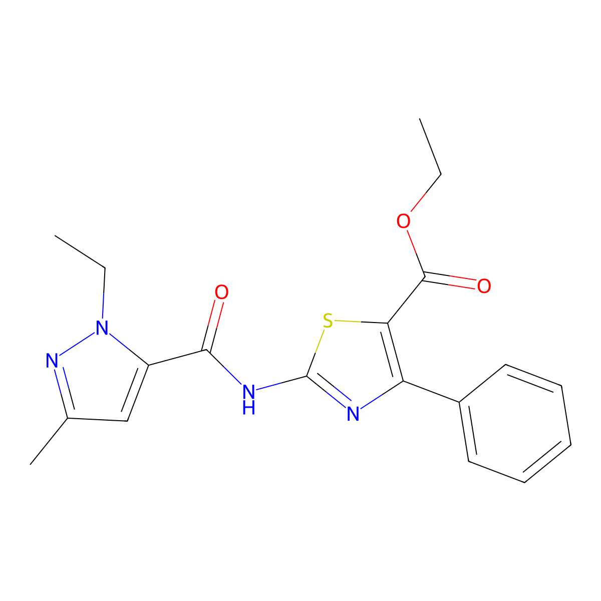 ethyl 2-(1-ethyl-3-methyl-1H-pyrazole-5-carboxamido)-4-phenylthiazole-5-carboxylate molecular structure, CAS 1171607-05-8