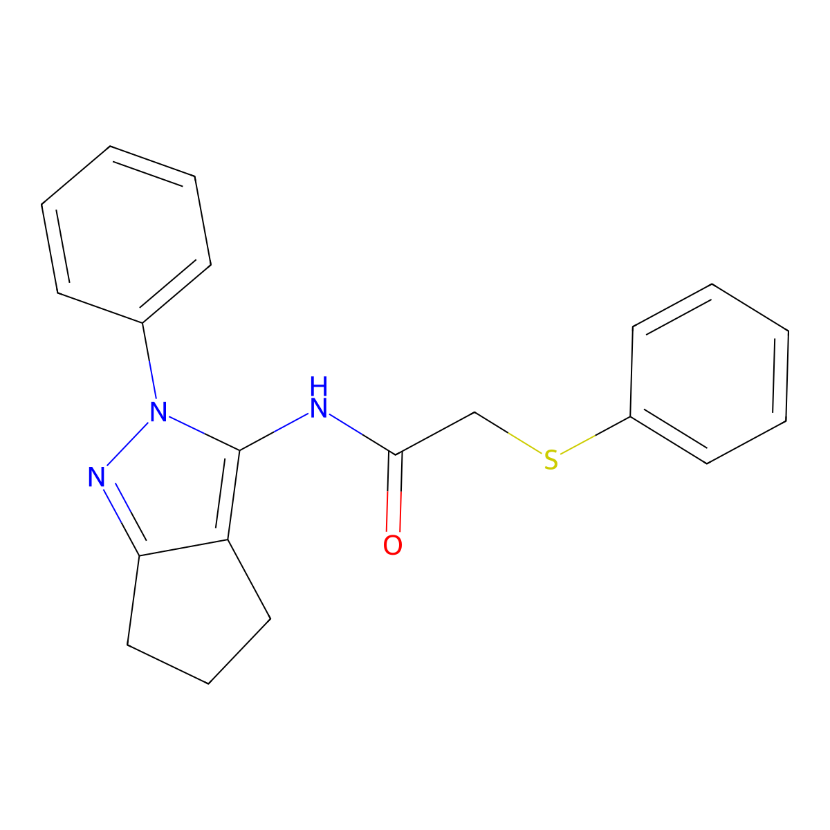 N-(2-phenyl-2,4,5,6-tetrahydrocyclopenta[c]pyrazol-3-yl)-2-(phenylthio)acetamide molecular structure, CAS 1171607-10-5