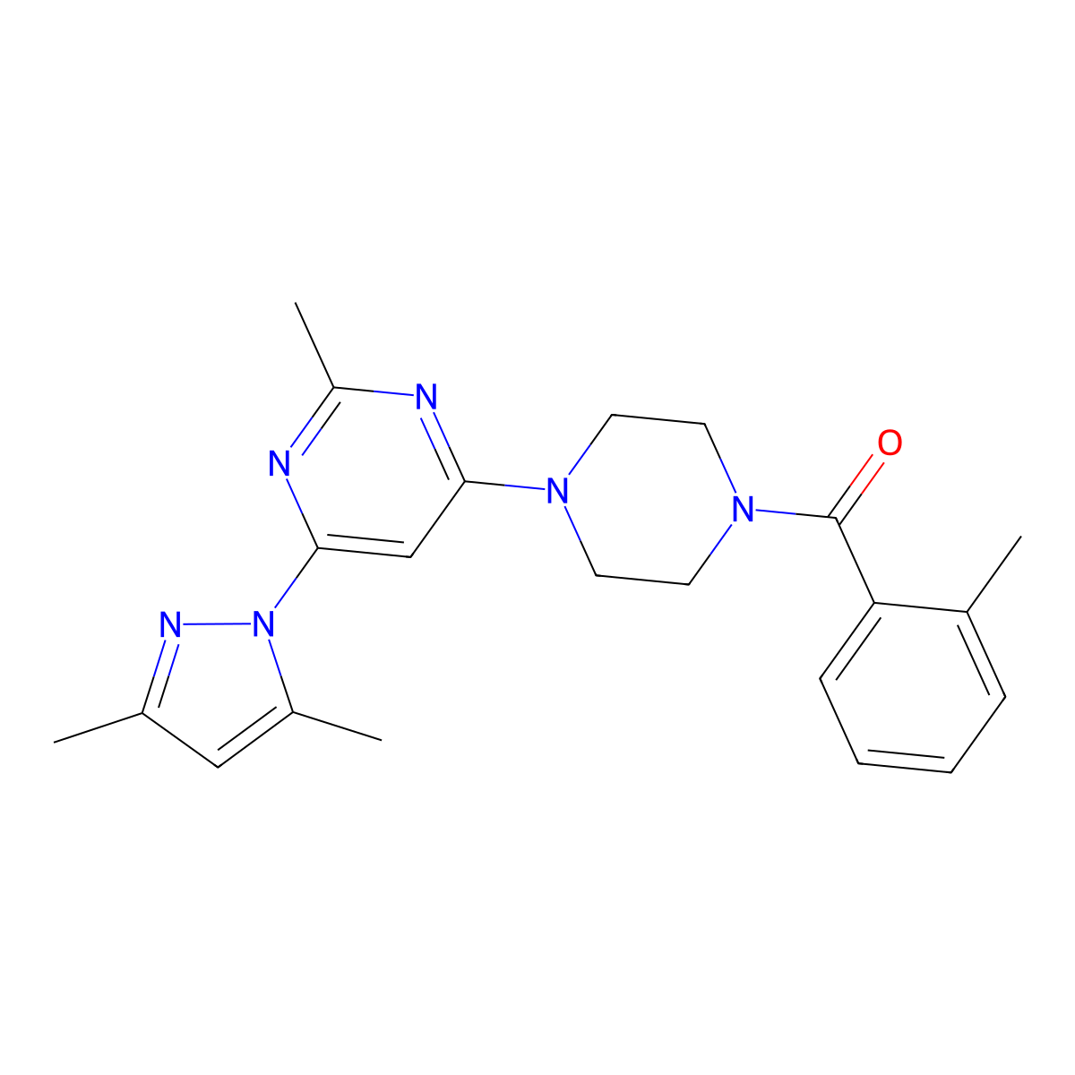 (4-(6-(3,5-dimethyl-1H-pyrazol-1-yl)-2-methylpyrimidin-4-yl)piperazin-1-yl)(o-tolyl)methanone molecular structure, CAS 1171607-87-6