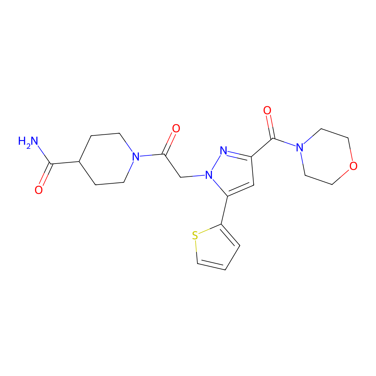 1-{2-[3-(morpholine-4-carbonyl)-5-(thiophen-2-yl)-1H-pyrazol-1-yl]acetyl}piperidine-4-carboxamide molecular structure, CAS 1171608-73-3