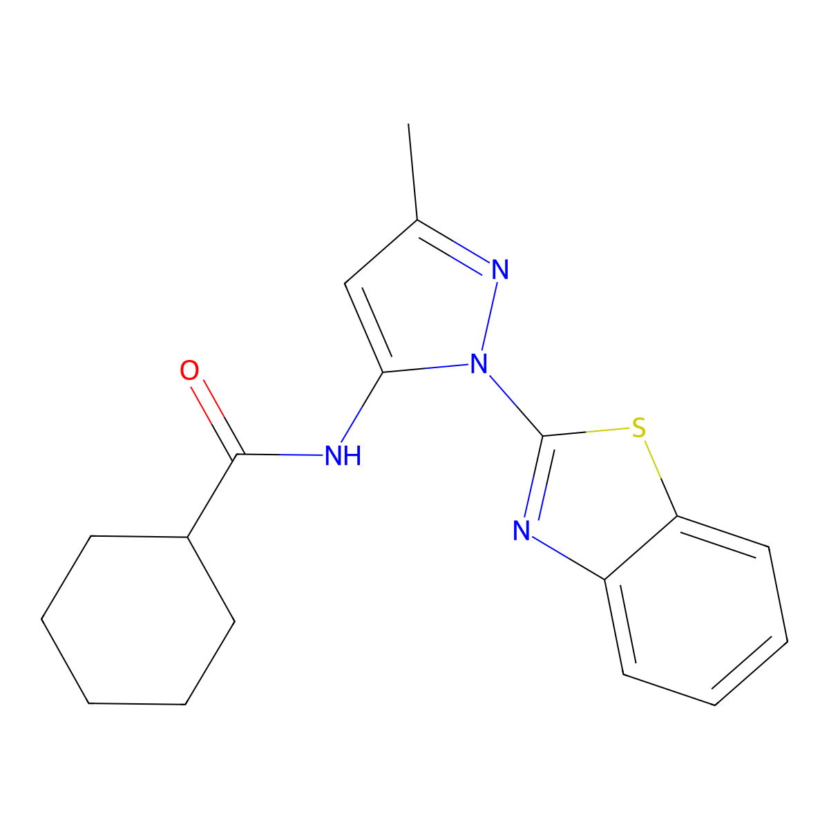 N-(1-(benzo[d]thiazol-2-yl)-3-methyl-1H-pyrazol-5-yl)cyclohexanecarboxamide molecular structure, CAS 1171609-01-0