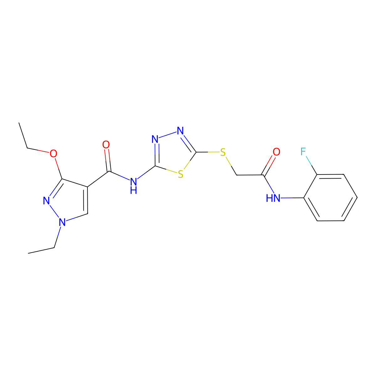 3-ethoxy-1-ethyl-N-(5-((2-((2-fluorophenyl)amino)-2-oxoethyl)thio)-1,3,4-thiadiazol-2-yl)-1H-pyrazole-4-carboxamide molecular structure, CAS 1171609-23-6