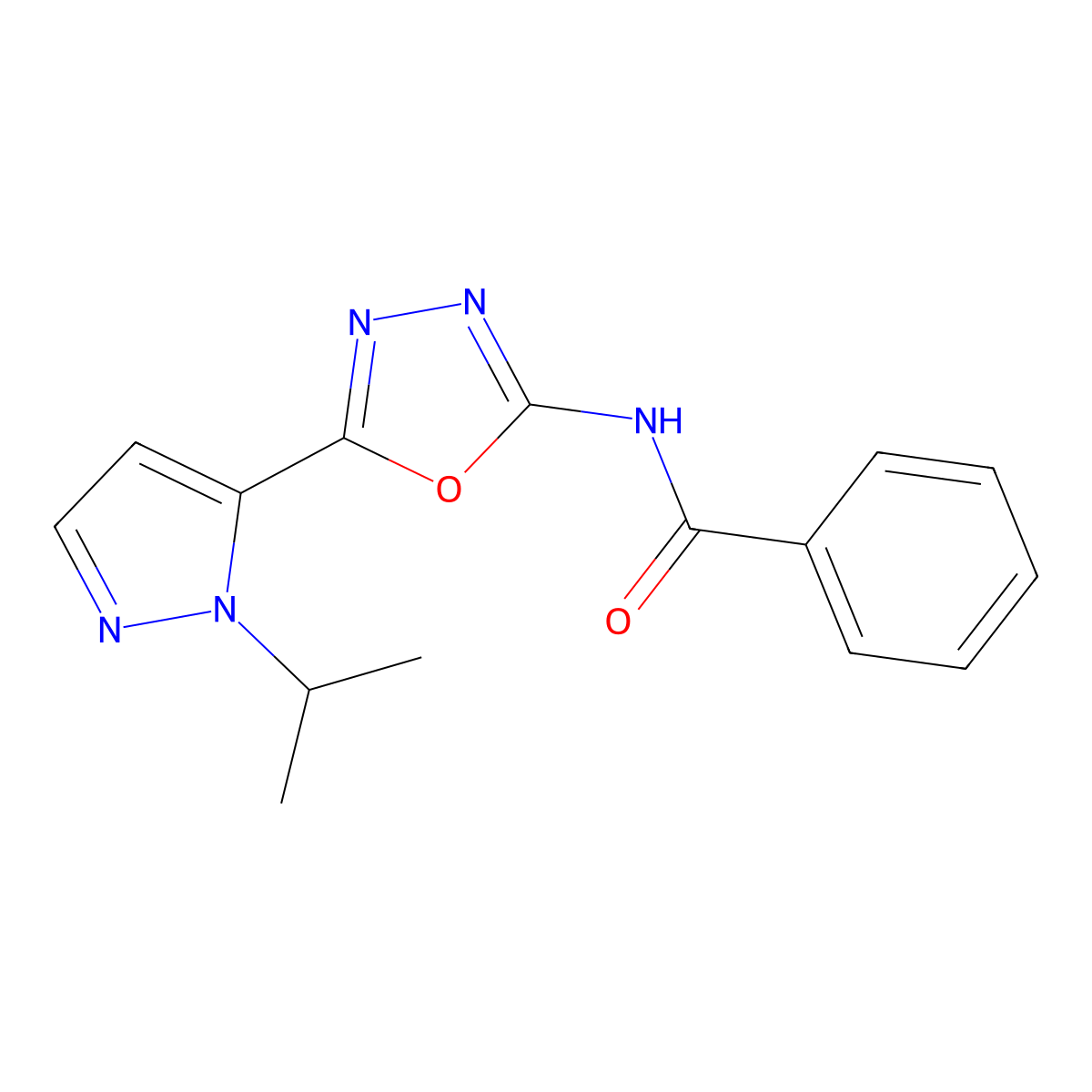 N-(5-(1-isopropyl-1H-pyrazol-5-yl)-1,3,4-oxadiazol-2-yl)benzamide molecular structure, CAS 1171609-41-8