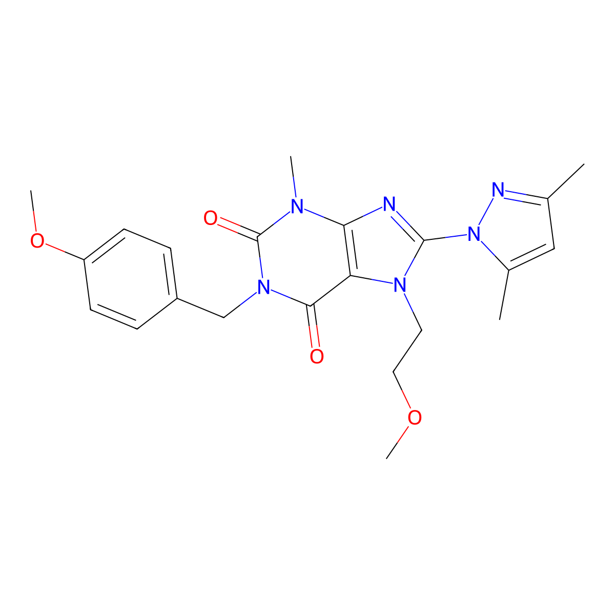 8-(3,5-dimethyl-1H-pyrazol-1-yl)-1-(4-methoxybenzyl)-7-(2-methoxyethyl)-3-methyl-1H-purine-2,6(3H,7H)-dione molecular structure, CAS 1171610-67-5
