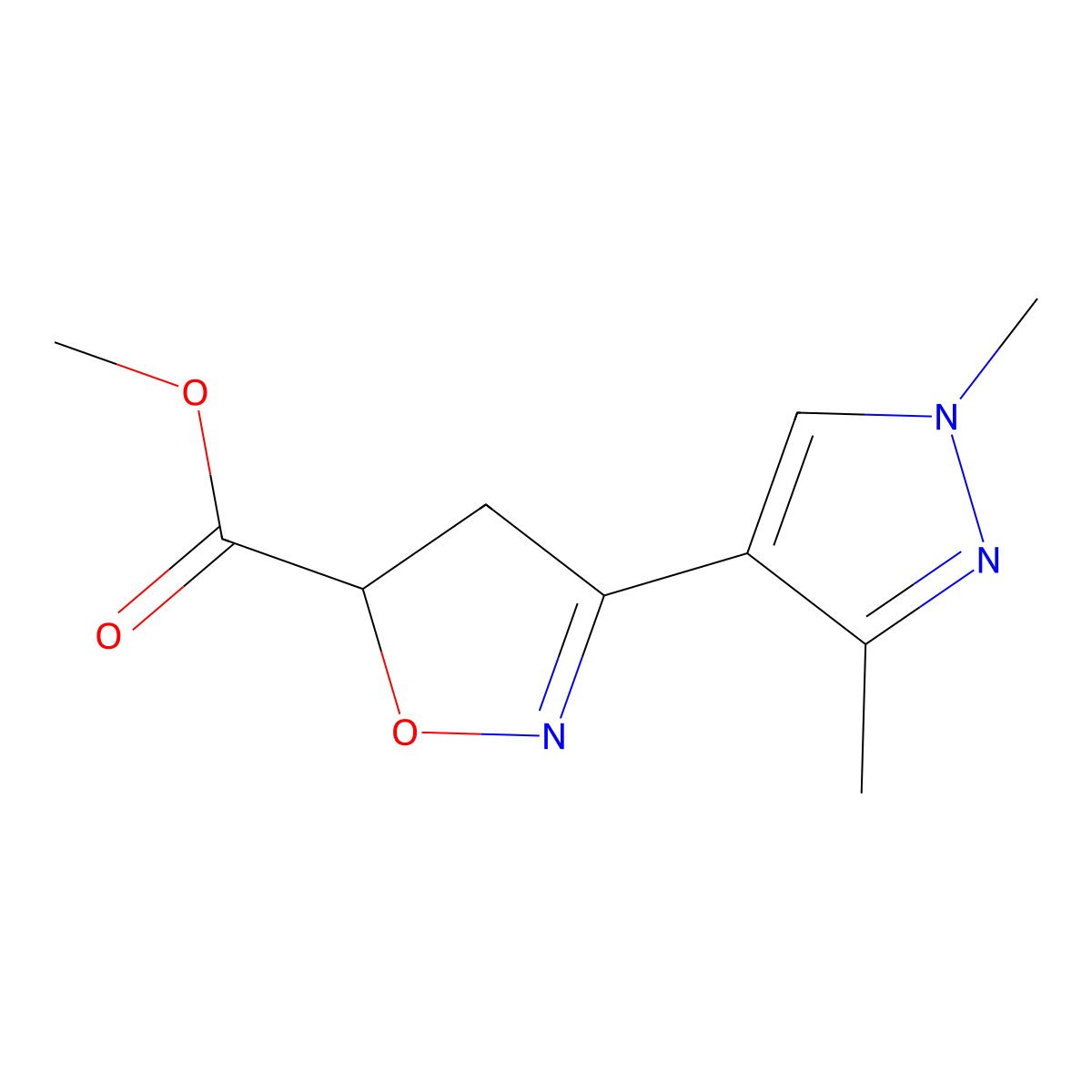 Methyl 3-(1,3-dimethyl-1H-pyrazol-4-yl)-4,5-dihydroisoxazole-5-carboxylate molecular structure, CAS 1171611-86-1