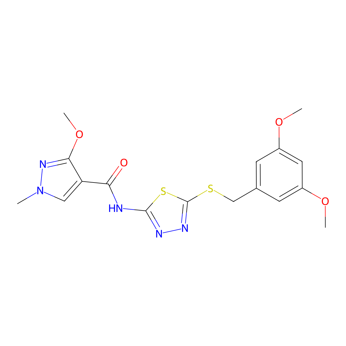 N-(5-((3,5-dimethoxybenzyl)thio)-1,3,4-thiadiazol-2-yl)-3-methoxy-1-methyl-1H-pyrazole-4-carboxamide molecular structure, CAS 1171612-43-3
