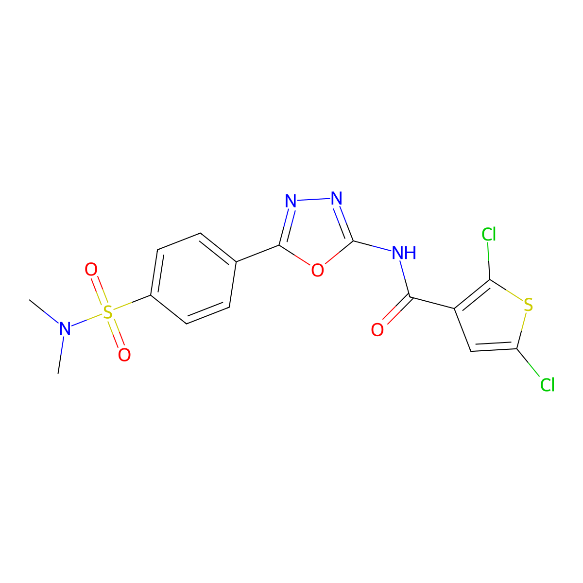 2,5-dichloro-N-(5-(4-(N,N-dimethylsulfamoyl)phenyl)-1,3,4-oxadiazol-2-yl)thiophene-3-carboxamide molecular structure, CAS 1171612-89-7