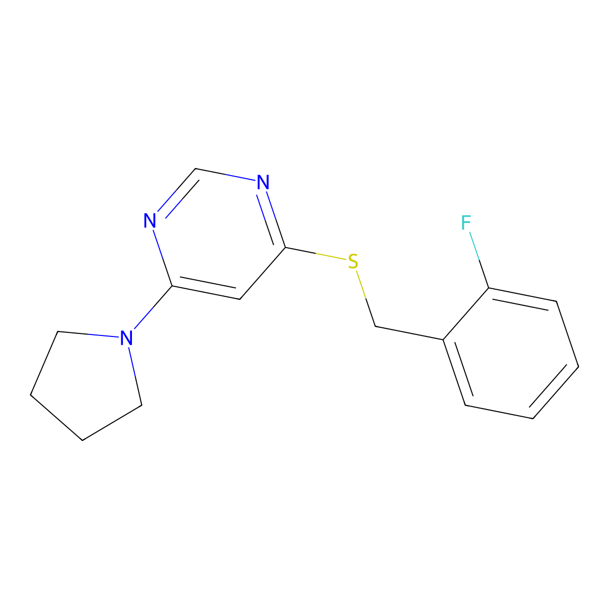 4-((2-Fluorobenzyl)thio)-6-(pyrrolidin-1-yl)pyrimidine molecular structure, CAS 1171613-02-7