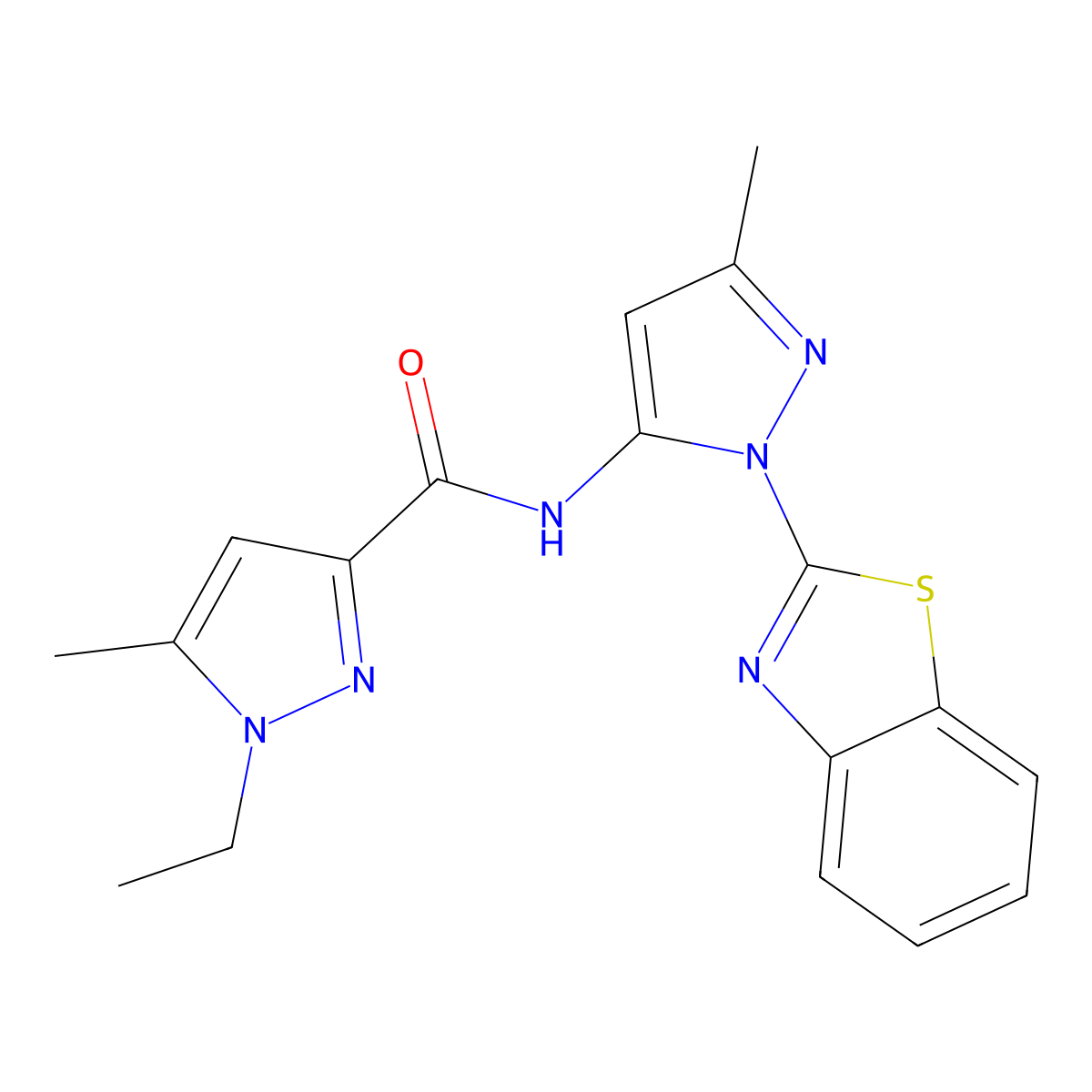N-[1-(1,3-benzothiazol-2-yl)-3-methyl-1H-pyrazol-5-yl]-1-ethyl-5-methyl-1H-pyrazole-3-carboxamide molecular structure, CAS 1171613-23-2