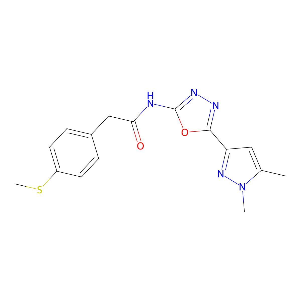 N-(5-(1,5-dimethyl-1H-pyrazol-3-yl)-1,3,4-oxadiazol-2-yl)-2-(4-(methylthio)phenyl)acetamide molecular structure, CAS 1171614-21-3