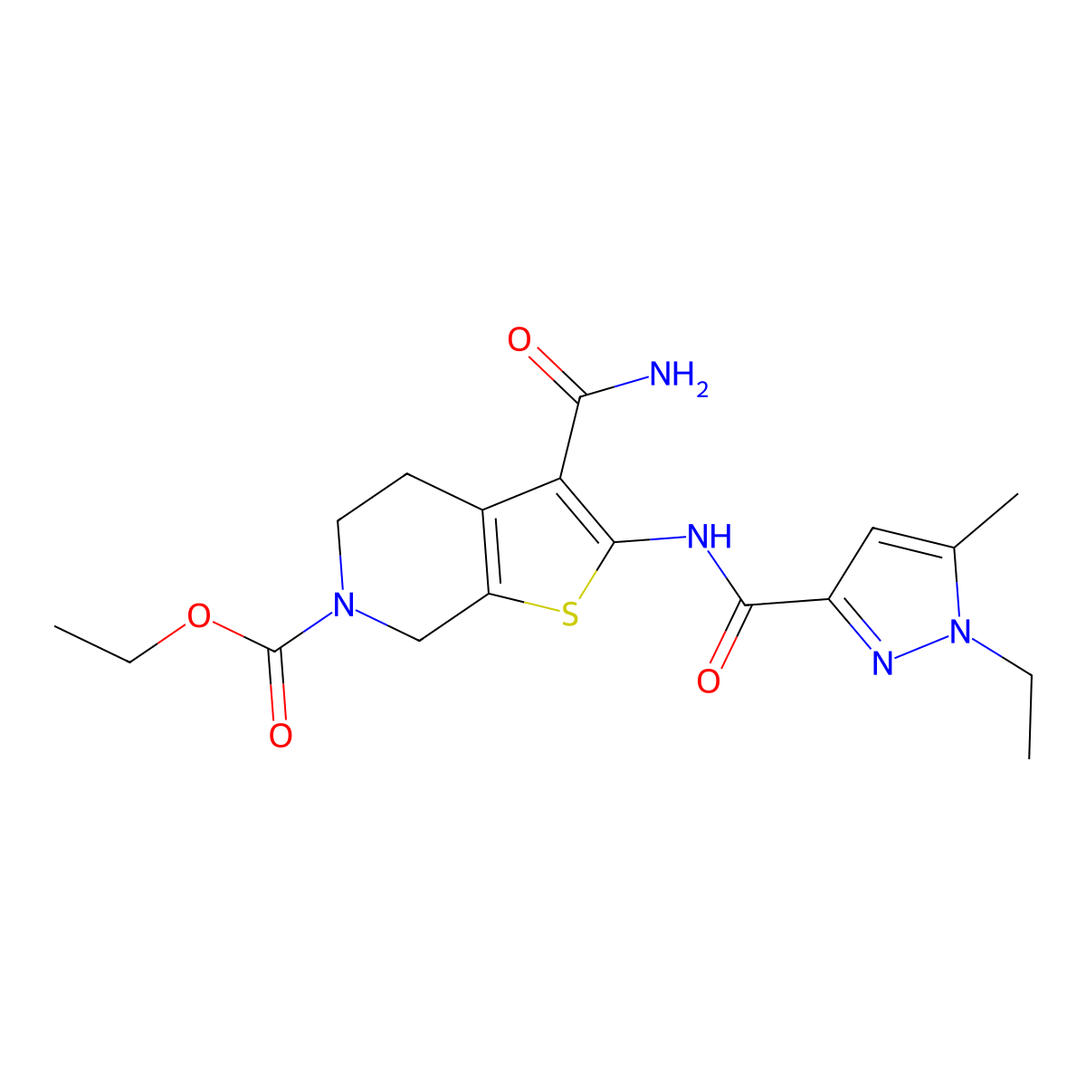 ethyl 3-carbamoyl-2-(1-ethyl-5-methyl-1H-pyrazole-3-carboxamido)-4,5-dihydrothieno[2,3-c]pyridine-6(7H)-carboxylate molecular structure, CAS 1171614-99-5