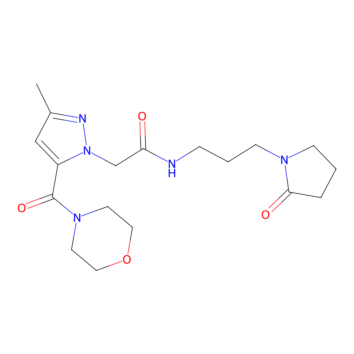 2-(3-methyl-5-(morpholine-4-carbonyl)-1H-pyrazol-1-yl)-N-(3-(2-oxopyrrolidin-1-yl)propyl)acetamide molecular structure, CAS 1171620-61-3