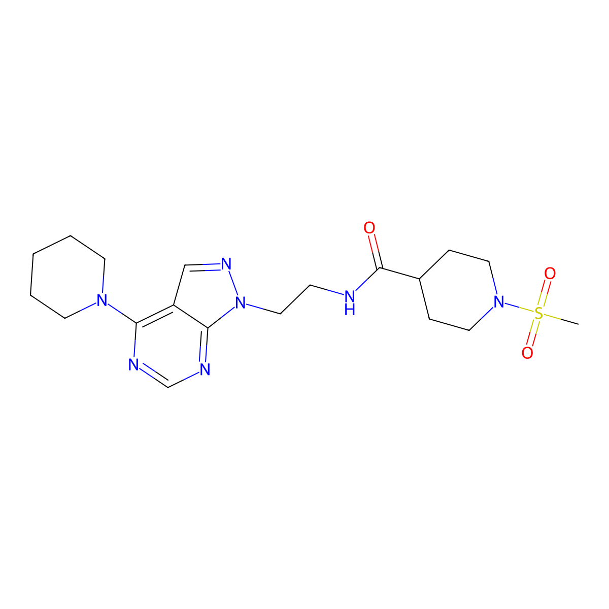 1-(methylsulfonyl)-N-(2-(4-(piperidin-1-yl)-1H-pyrazolo[3,4-d]pyrimidin-1-yl)ethyl)piperidine-4-carboxamide molecular structure, CAS 1171621-46-7