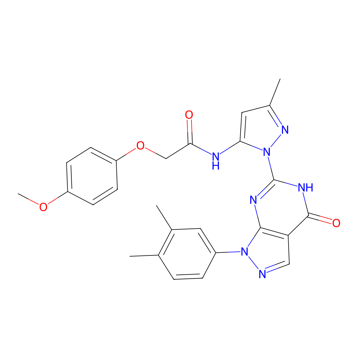 N-(1-(1-(3,4-dimethylphenyl)-4-oxo-4,5-dihydro-1H-pyrazolo[3,4-d]pyrimidin-6-yl)-3-methyl-1H-pyrazol-5-yl)-2-(4-methoxyphenoxy)acetamide molecular structure, CAS 1171628-21-9