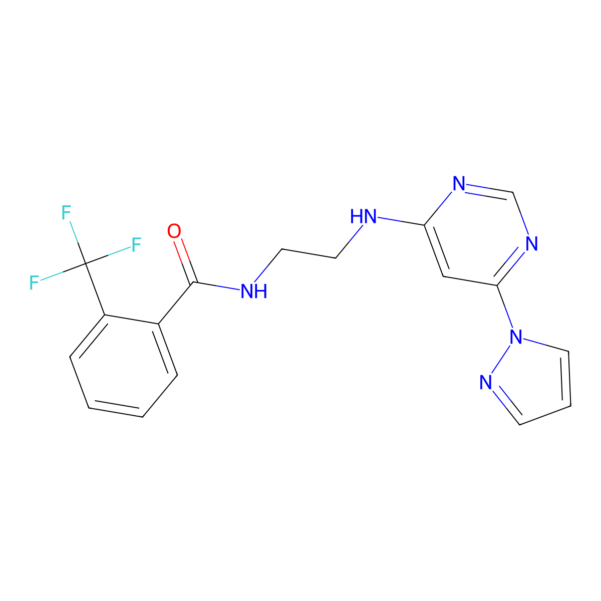 N-(2-((6-(1H-pyrazol-1-yl)pyrimidin-4-yl)amino)ethyl)-2-(trifluoromethyl)benzamide molecular structure, CAS 1171629-94-9