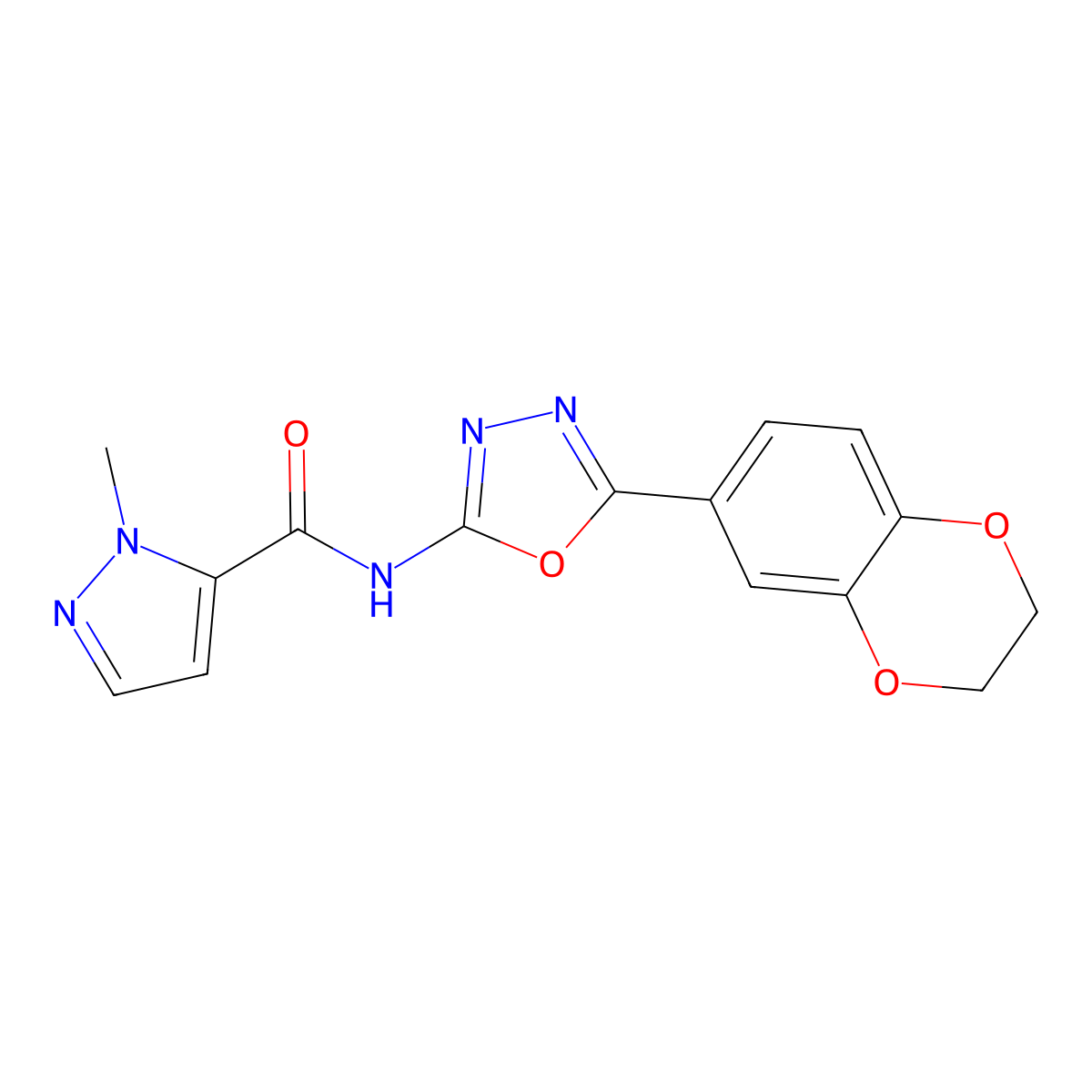 N-(5-(2,3-dihydrobenzo[b][1,4]dioxin-6-yl)-1,3,4-oxadiazol-2-yl)-1-methyl-1H-pyrazole-5-carboxamide molecular structure, CAS 1171632-03-3