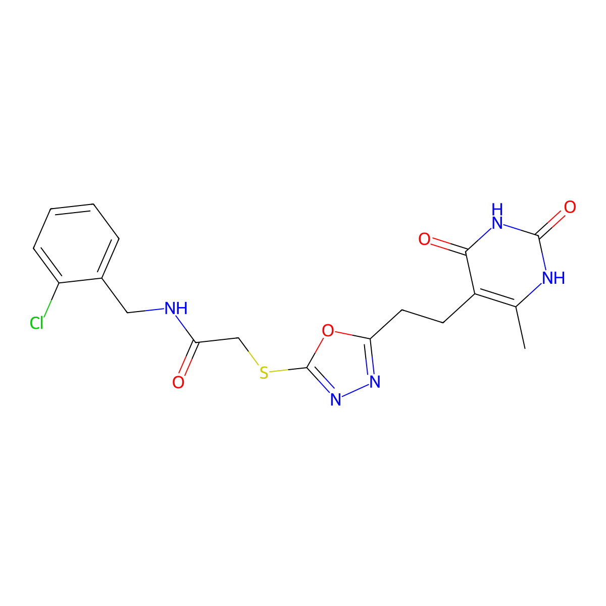 N-(2-chlorobenzyl)-2-((5-(2-(6-methyl-2,4-dioxo-1,2,3,4-tetrahydropyrimidin-5-yl)ethyl)-1,3,4-oxadiazol-2-yl)thio)acetamide molecular structure, CAS 1171633-41-2