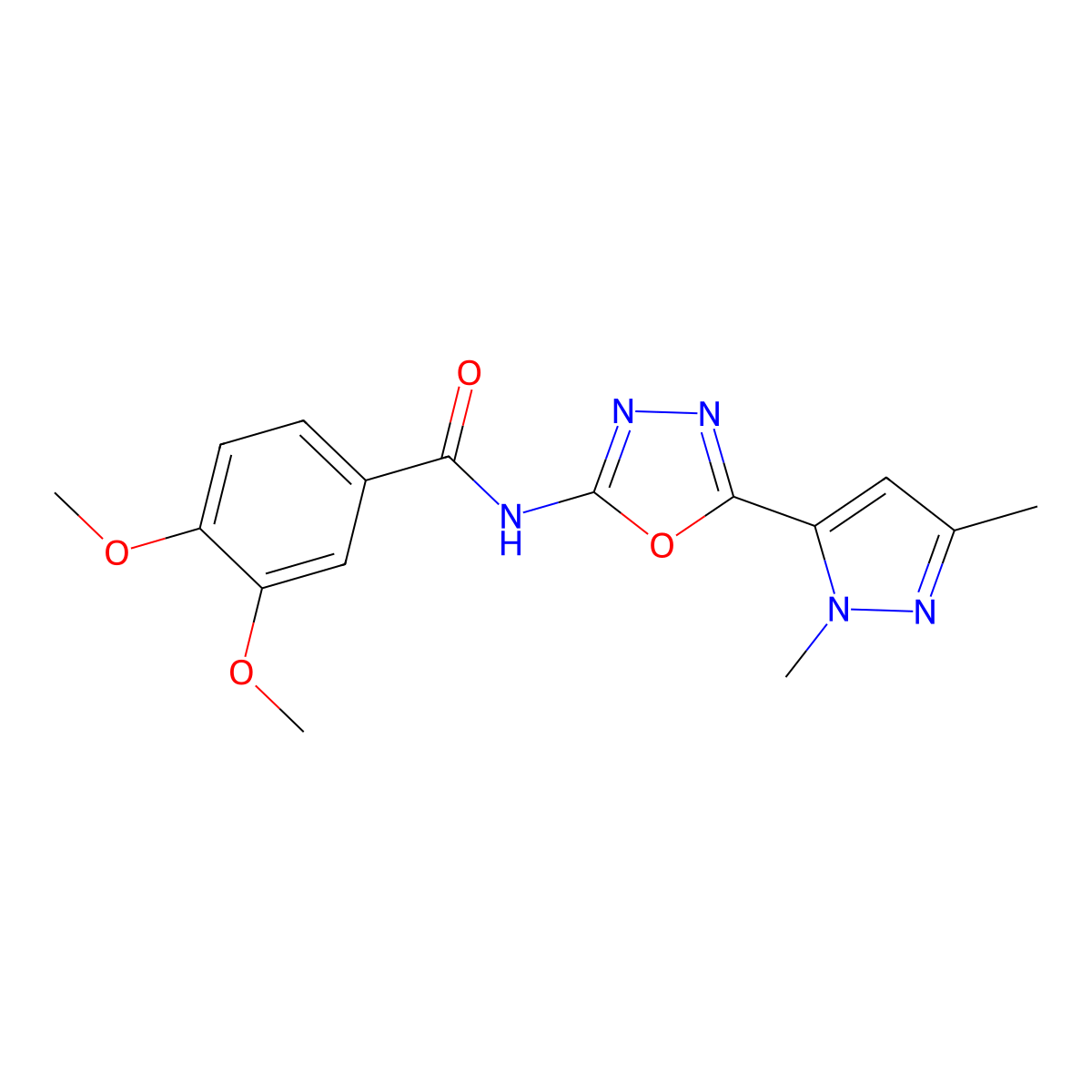 N-[5-(1,3-dimethyl-1H-pyrazol-5-yl)-1,3,4-oxadiazol-2-yl]-3,4-dimethoxybenzamide molecular structure, CAS 1171634-01-7