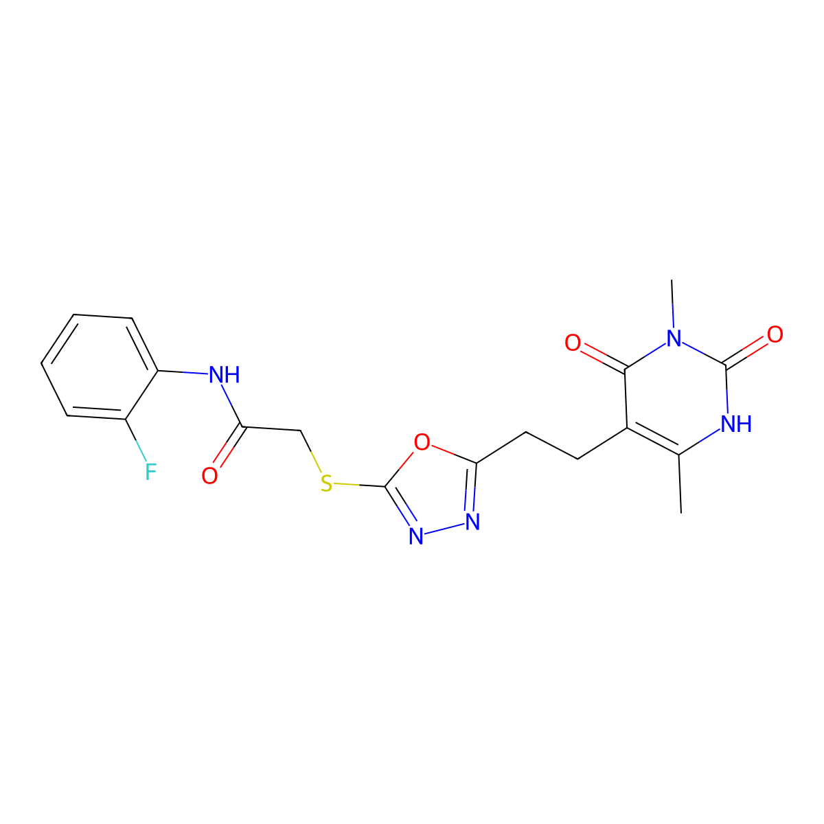 2-({5-[2-(3,6-dimethyl-2,4-dioxo-1,2,3,4-tetrahydropyrimidin-5-yl)ethyl]-1,3,4-oxadiazol-2-yl}sulfanyl)-N-(2-fluorophenyl)acetamide molecular structure, CAS 1171634-61-9