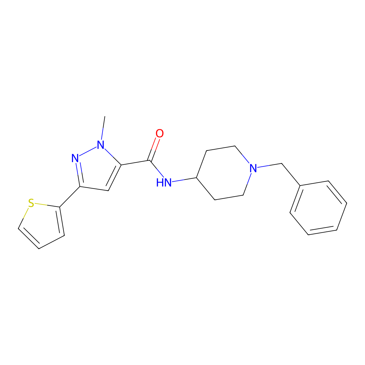 N-(1-benzylpiperidin-4-yl)-1-methyl-3-(thiophen-2-yl)-1H-pyrazole-5-carboxamide molecular structure, CAS 1171636-67-1