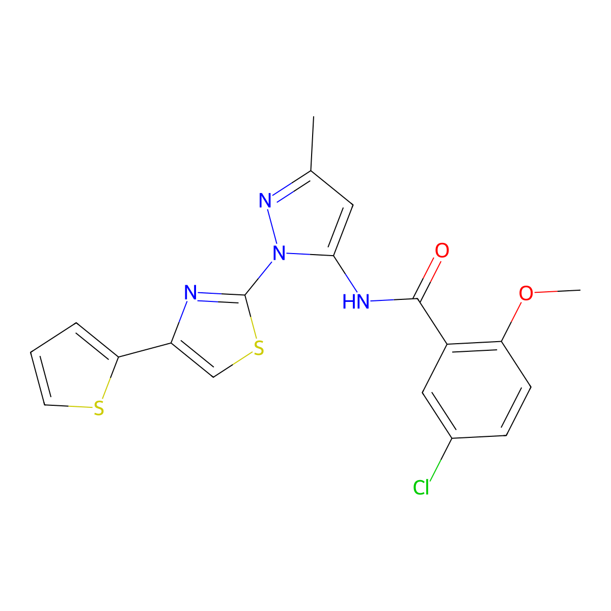 5-chloro-2-methoxy-N-(3-methyl-1-(4-(thiophen-2-yl)thiazol-2-yl)-1H-pyrazol-5-yl)benzamide molecular structure, CAS 1171637-05-0