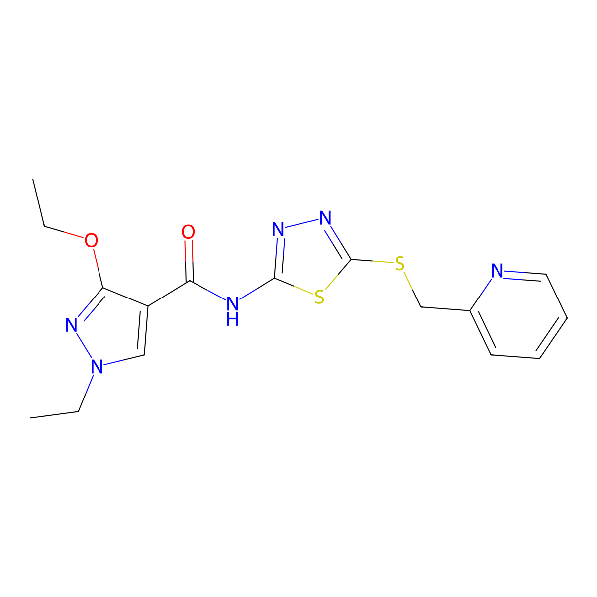 3-ethoxy-1-ethyl-N-(5-((pyridin-2-ylmethyl)thio)-1,3,4-thiadiazol-2-yl)-1H-pyrazole-4-carboxamide molecular structure, CAS 1171637-57-2