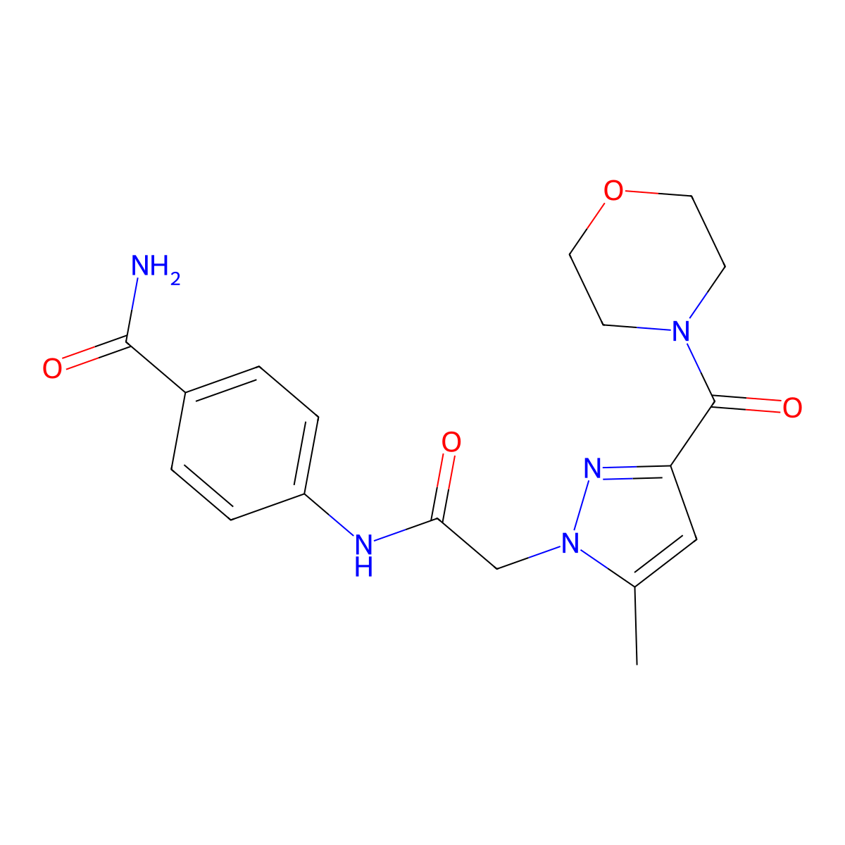 4-{2-[5-methyl-3-(morpholine-4-carbonyl)-1H-pyrazol-1-yl]acetamido}benzamide molecular structure, CAS 1171643-01-8