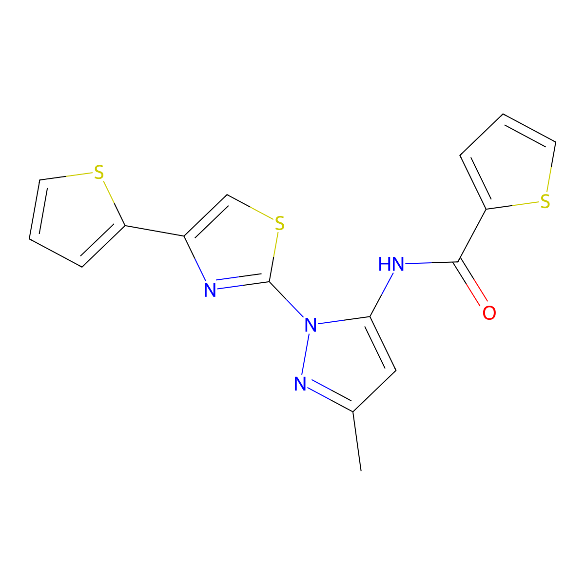 N-(3-methyl-1-(4-(thiophen-2-yl)thiazol-2-yl)-1H-pyrazol-5-yl)thiophene-2-carboxamide molecular structure, CAS 1171643-14-3