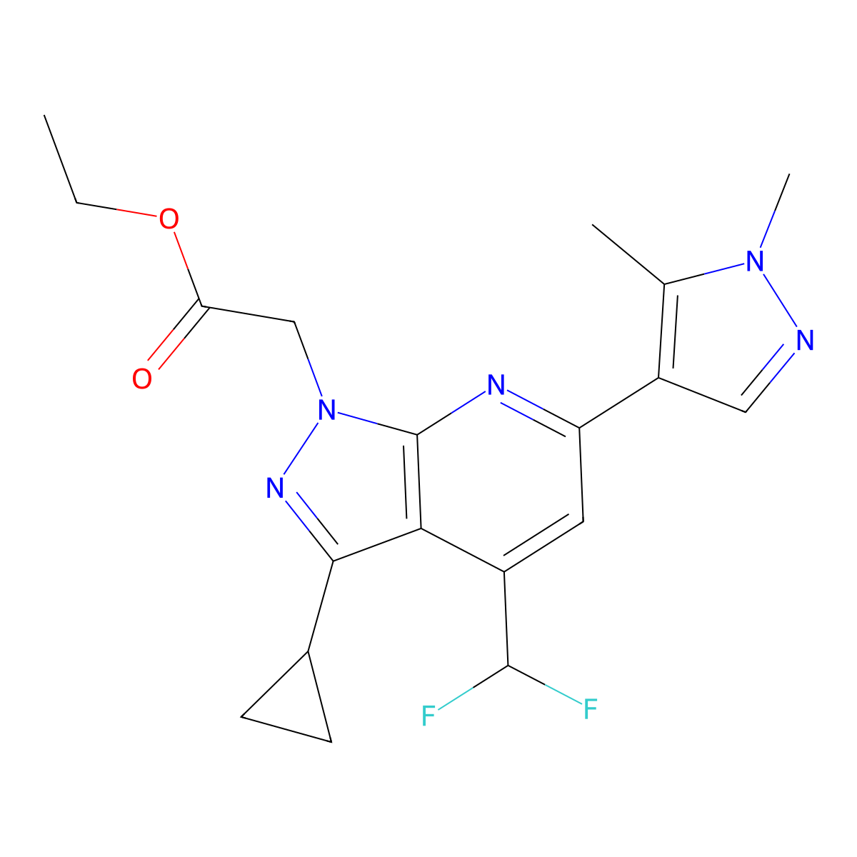 Ethyl 2-(3-cyclopropyl-4-(difluoromethyl)-6-(1,5-dimethyl-1H-pyrazol-4-yl)-1H-pyrazolo[3,4-b]pyridin-1-yl)acetate molecular structure, CAS 1171643-63-2
