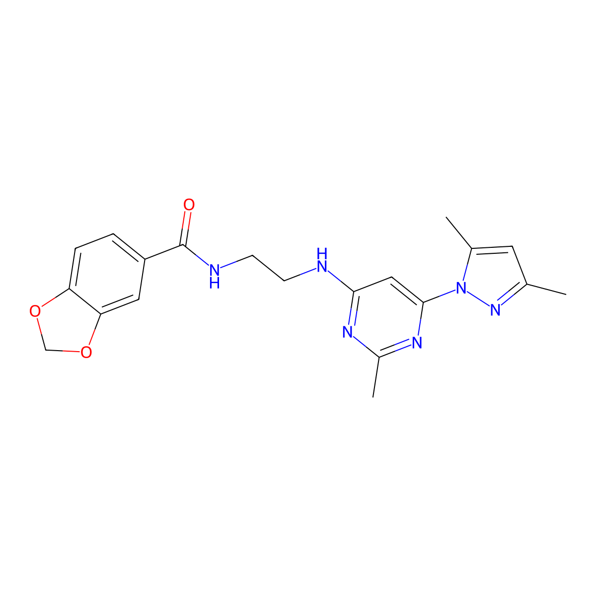 N-(2-((6-(3,5-dimethyl-1H-pyrazol-1-yl)-2-methylpyrimidin-4-yl)amino)ethyl)benzo[d][1,3]dioxole-5-carboxamide molecular structure, CAS 1171644-32-8