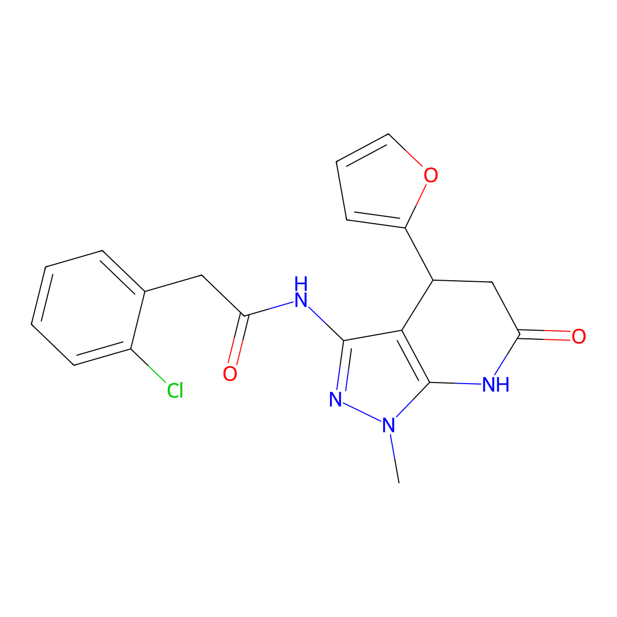 2-(2-chlorophenyl)-N-(4-(furan-2-yl)-1-methyl-6-oxo-4,5,6,7-tetrahydro-1H-pyrazolo[3,4-b]pyridin-3-yl)acetamide molecular structure, CAS 1171644-51-1