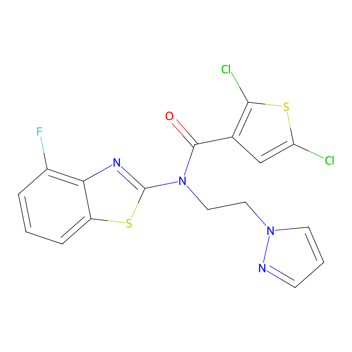 N-(2-(1H-pyrazol-1-yl)ethyl)-2,5-dichloro-N-(4-fluorobenzo[d]thiazol-2-yl)thiophene-3-carboxamide molecular structure, CAS 1171645-40-1